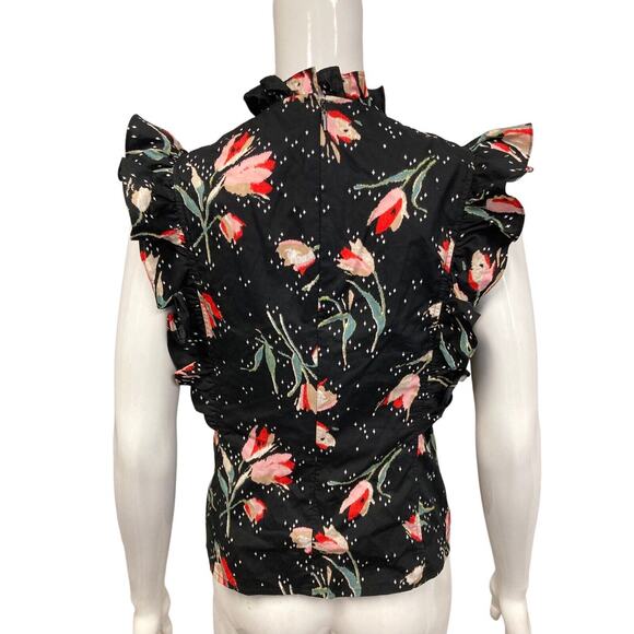 REBECCA TAYLOR Black Cotton Floral Ikat Printed Flutter Sleeve Blouse Top 4 - Picture 2 of 2
